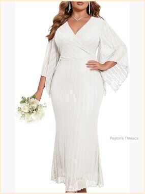 Plus Size Sparkly Lace Formal Maxi Dress V-Neck Mermaid Evening Wedding